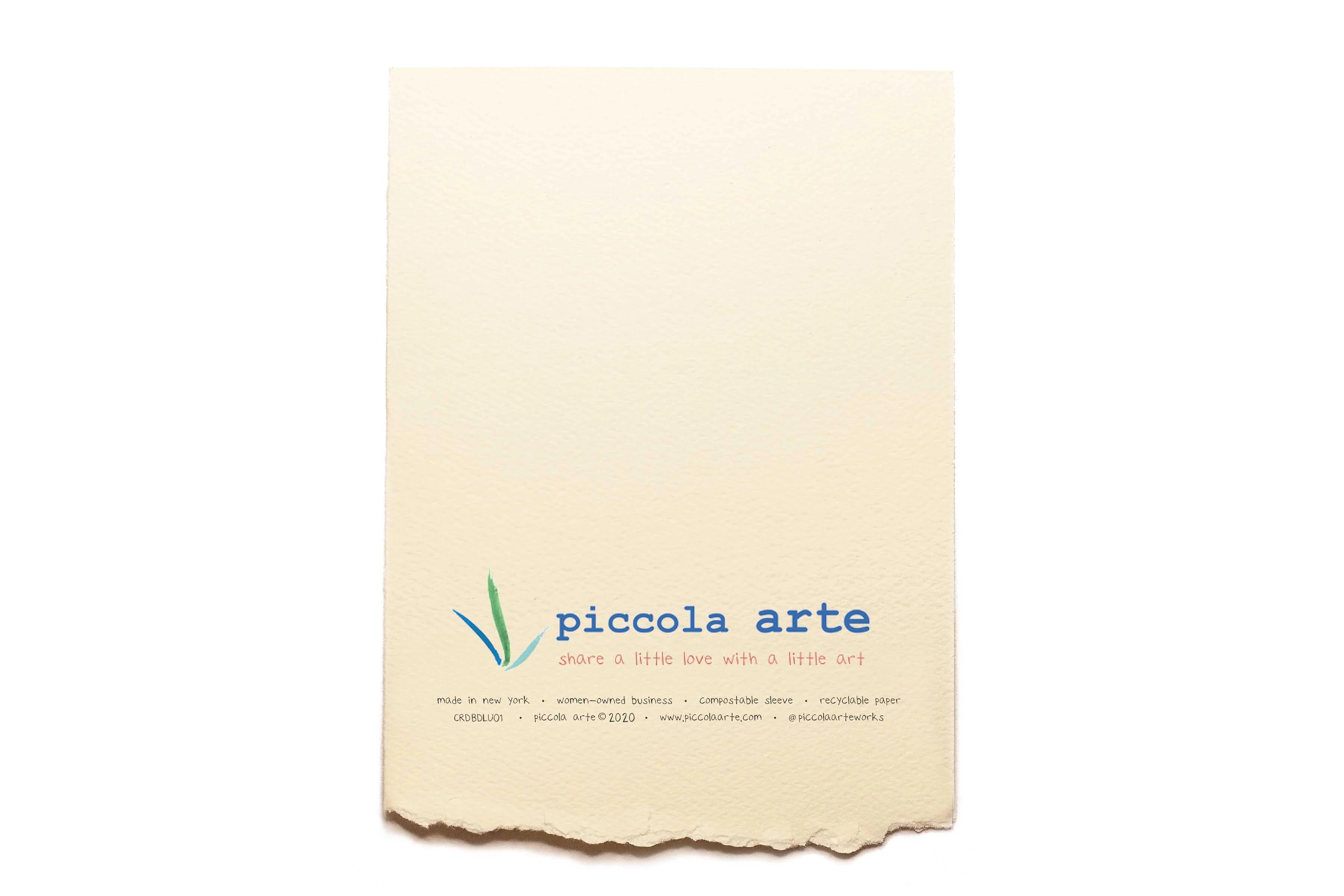 The back of a greeting card from piccola's arte.