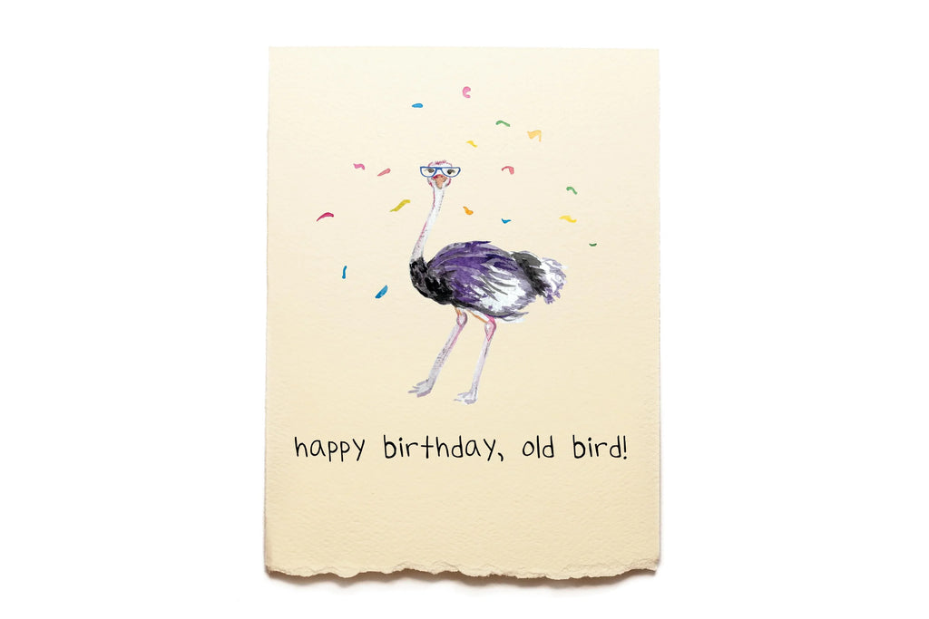 Birthday card with an ostrich illustration and 'happy birthday, old bird!' text on a beige background.