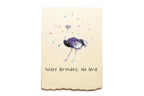 Birthday card with an ostrich illustration and 'happy birthday, old bird!' text on a beige background.