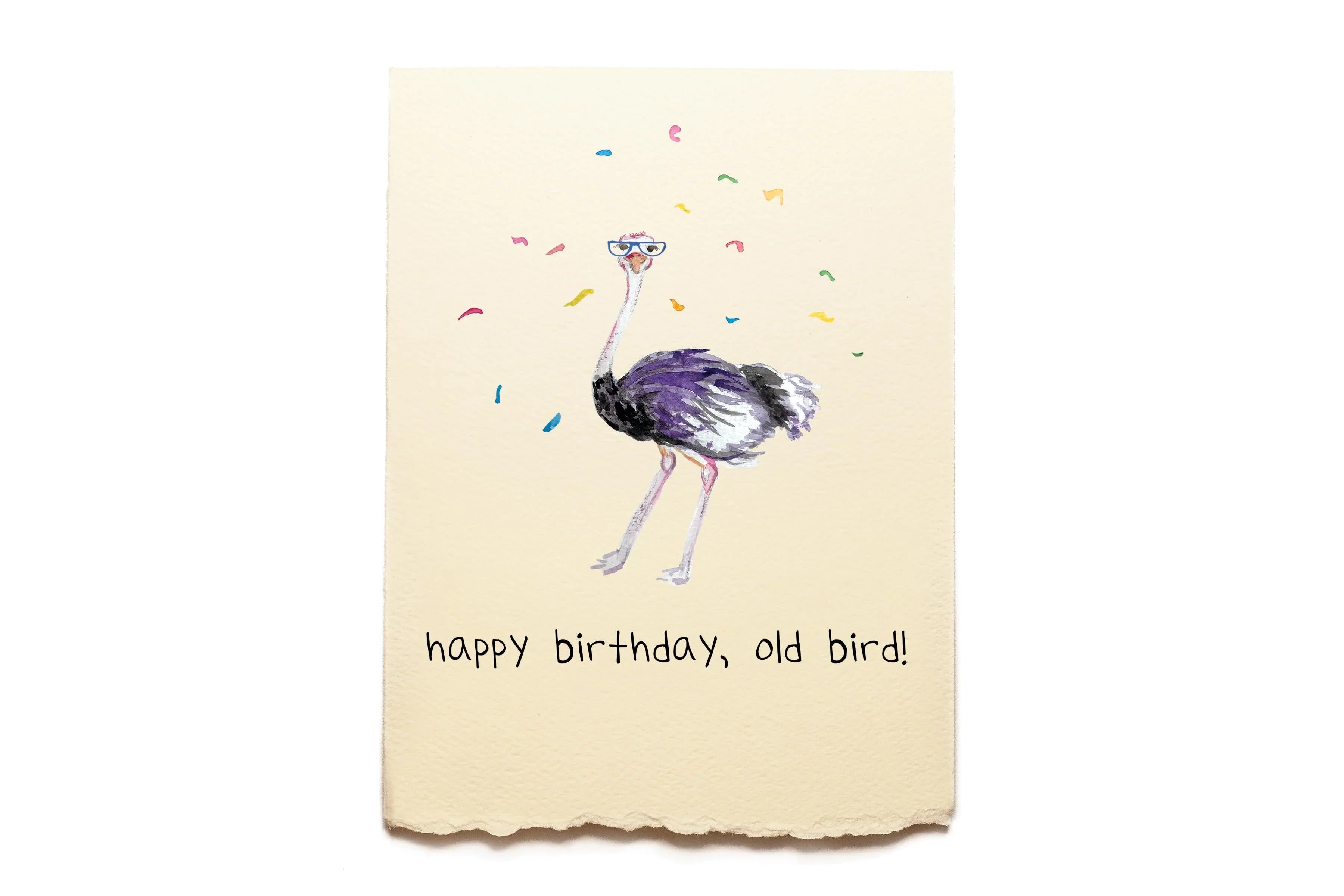 Birthday card with an ostrich illustration and 'happy birthday, old bird!' text on a beige background.