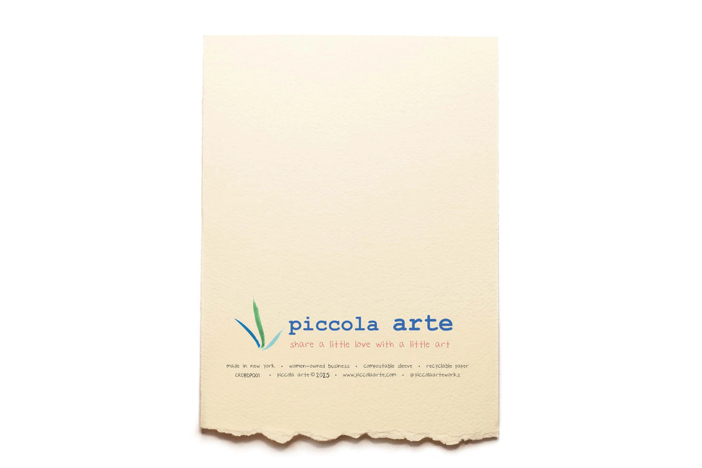 The back of a greeting card from piccola's arte.