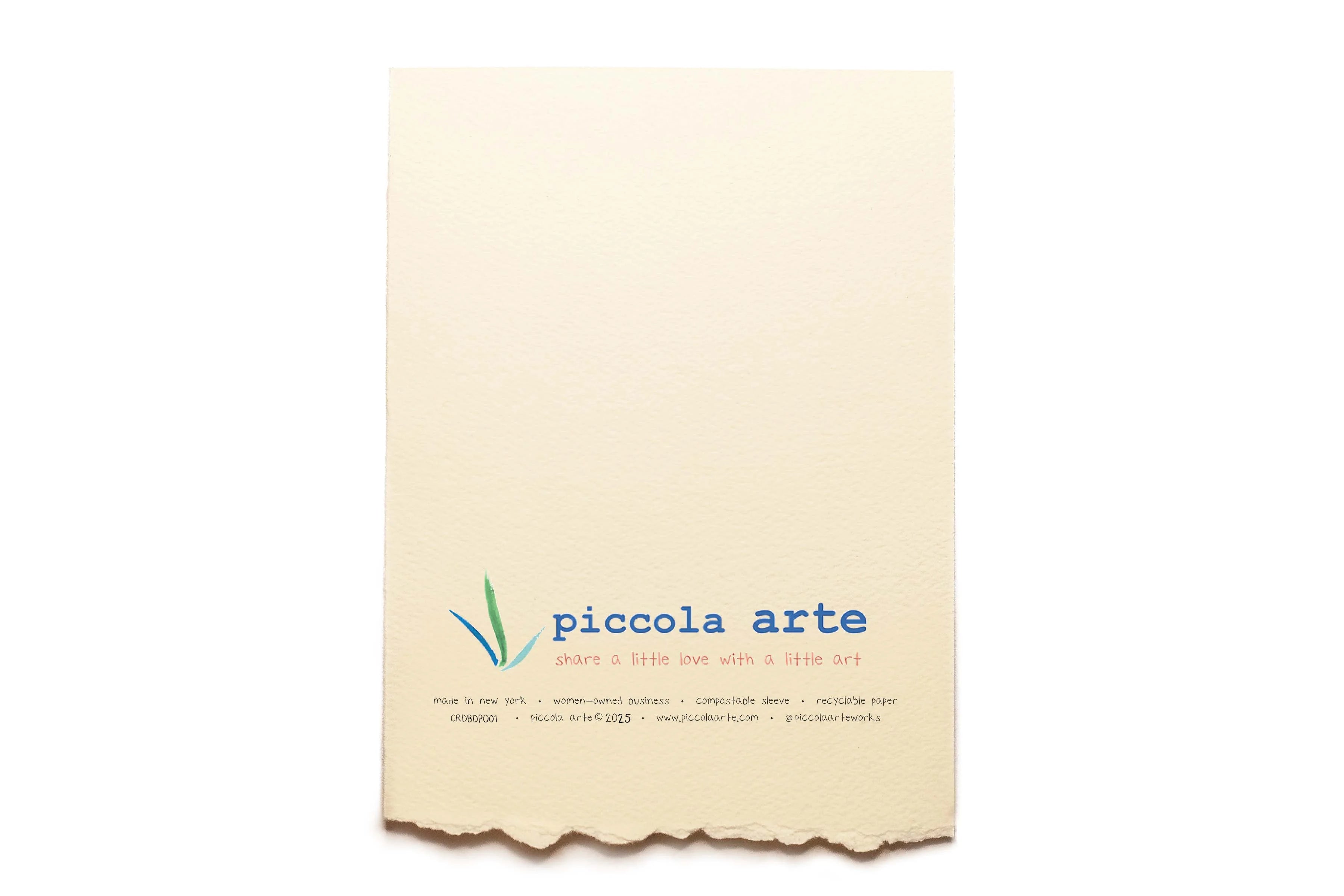 The back of a greeting card from piccola's arte.