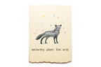 Card with a fox illustration and text 'entering silver fox era!' on a beige background