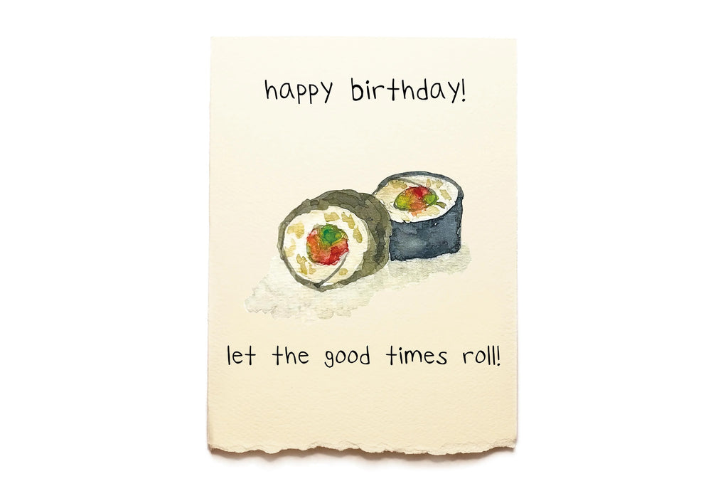 Birthday card with sushi illustration and text on a white background