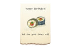 Birthday card with sushi illustration and text on a white background