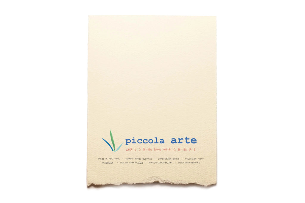 The back of a greeting card from piccola's arte.