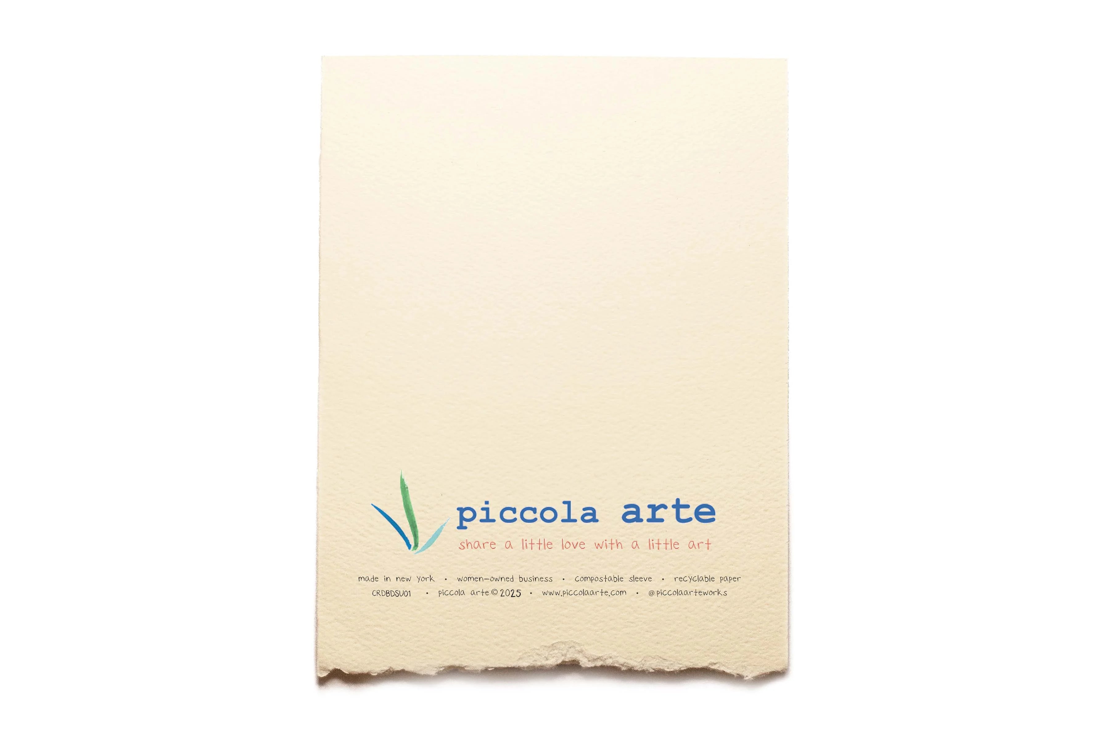 The back of a greeting card from piccola's arte.