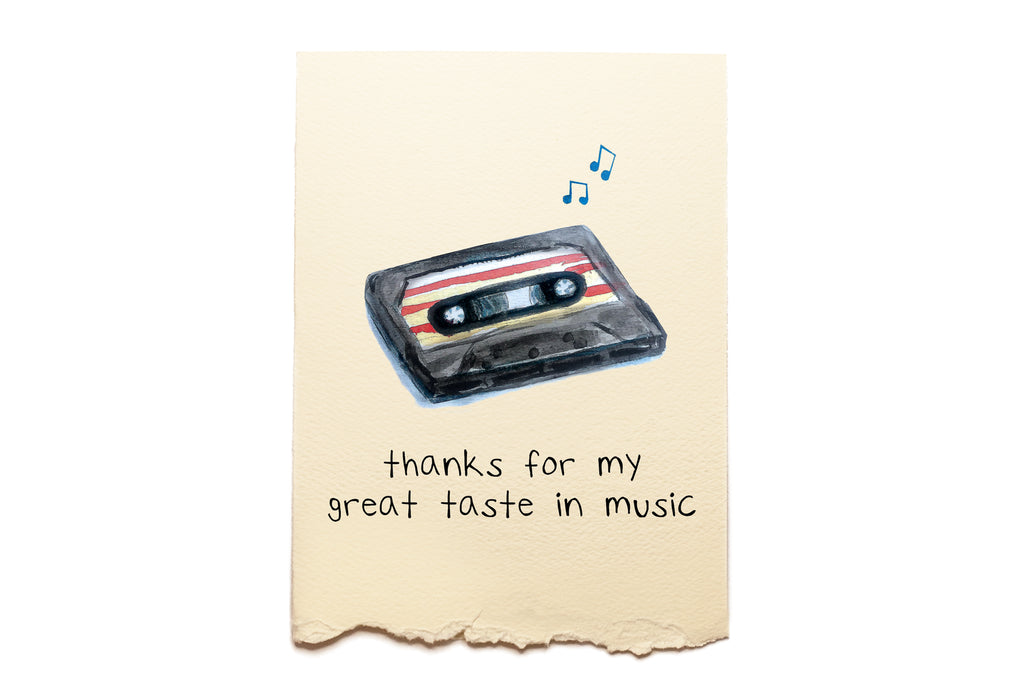 Card with a cassette tape illustration and text on a beige background