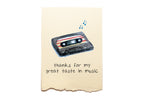 Card with a cassette tape illustration and text on a beige background