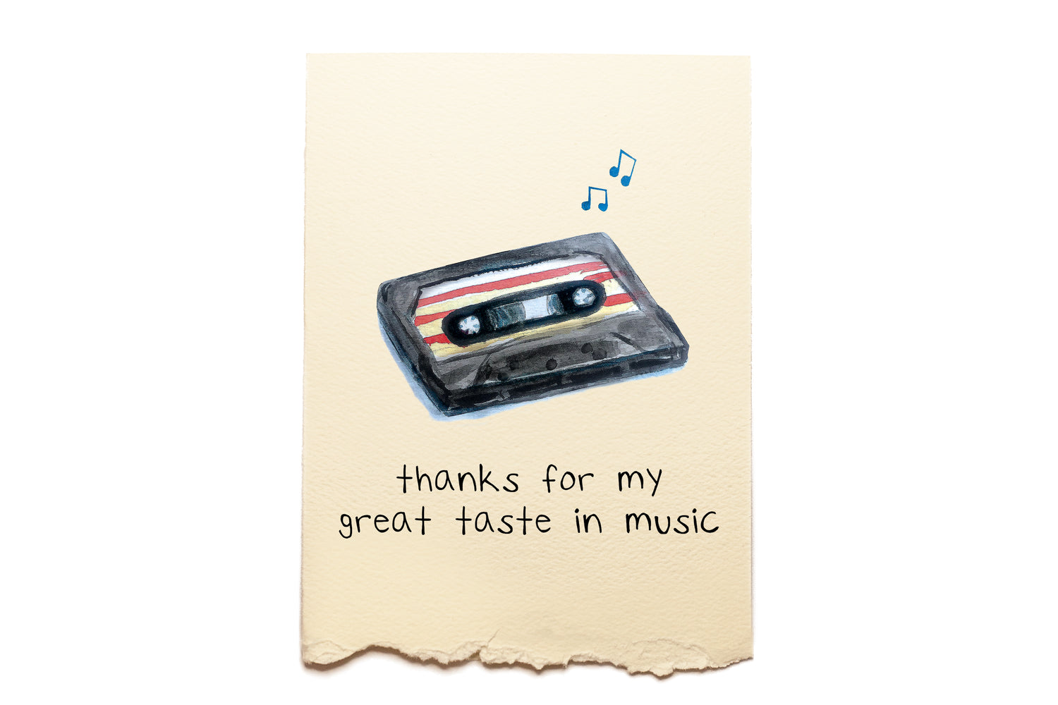 Card with a cassette tape illustration and text on a beige background
