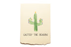 Card with a cactus illustration and text 'Cacties the Season!' on a beige background