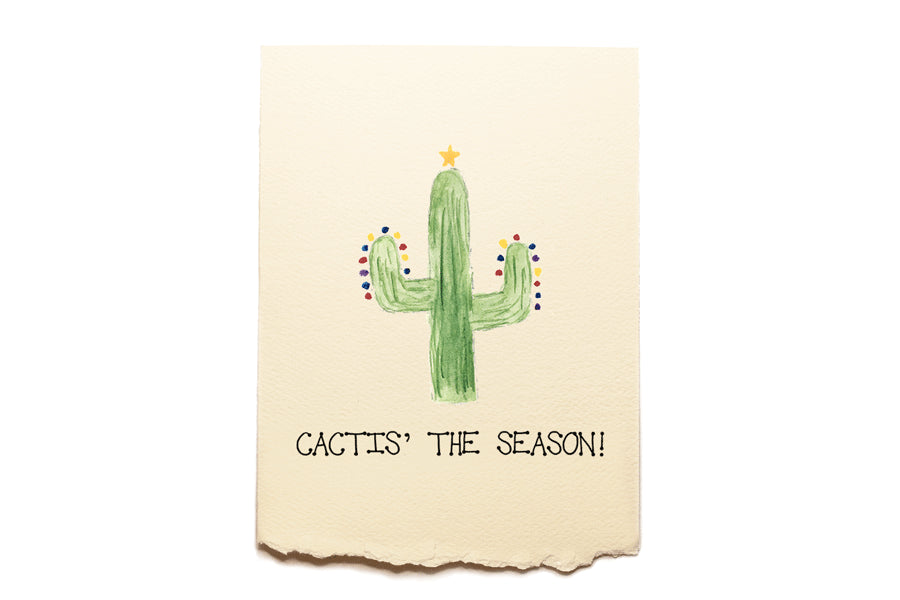 Card with a cactus illustration and text 'Cacties the Season!' on a beige background