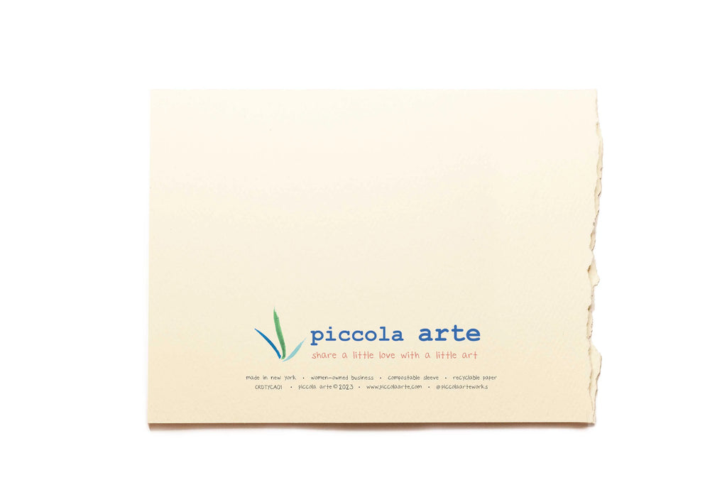 The back of a greeting card from piccola's arte.