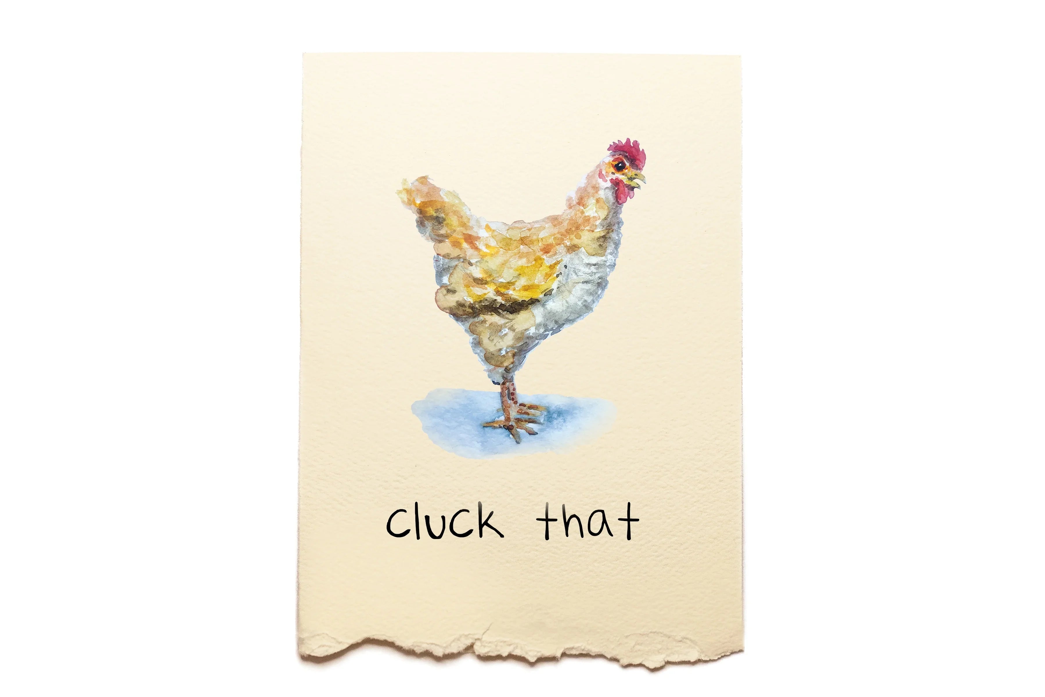 Cartoon chicken on a piece of paper with 'cluck that' text