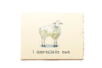 Note card with a sheep illustration and text 'i appreciate ewe' on a beige background