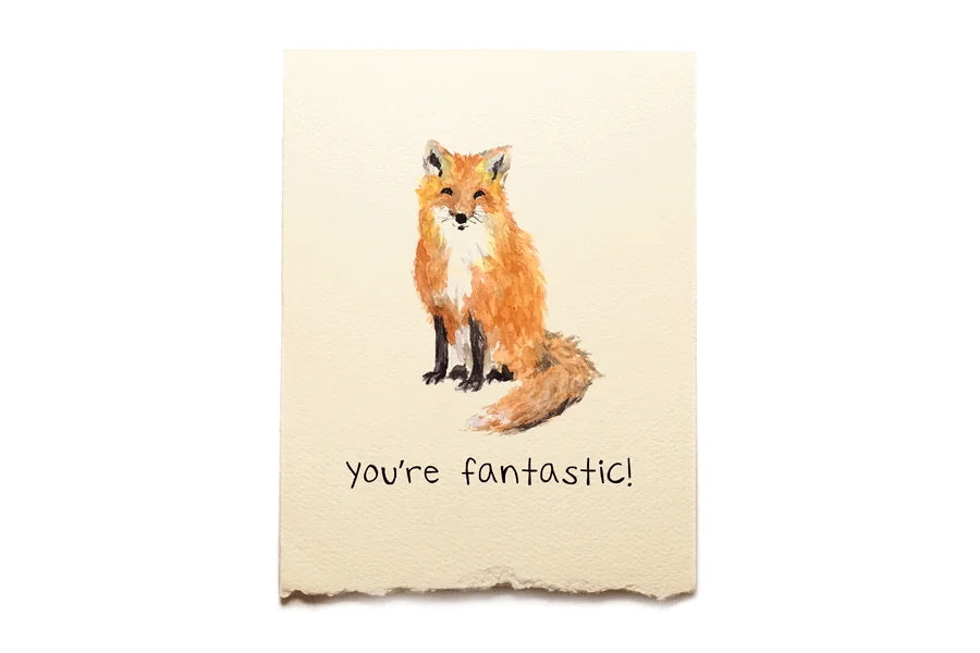 Card with a fox illustration and 'You're fantastic!' text on a beige background