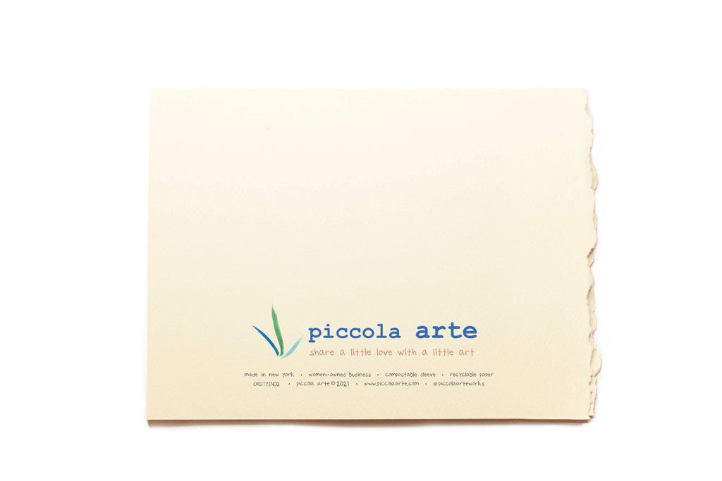 The back of a greeting card from piccola's arte.