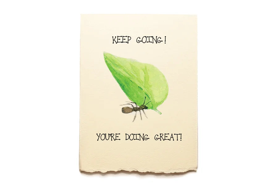 Motivational card with an ant and leaf illustration and text on a beige background