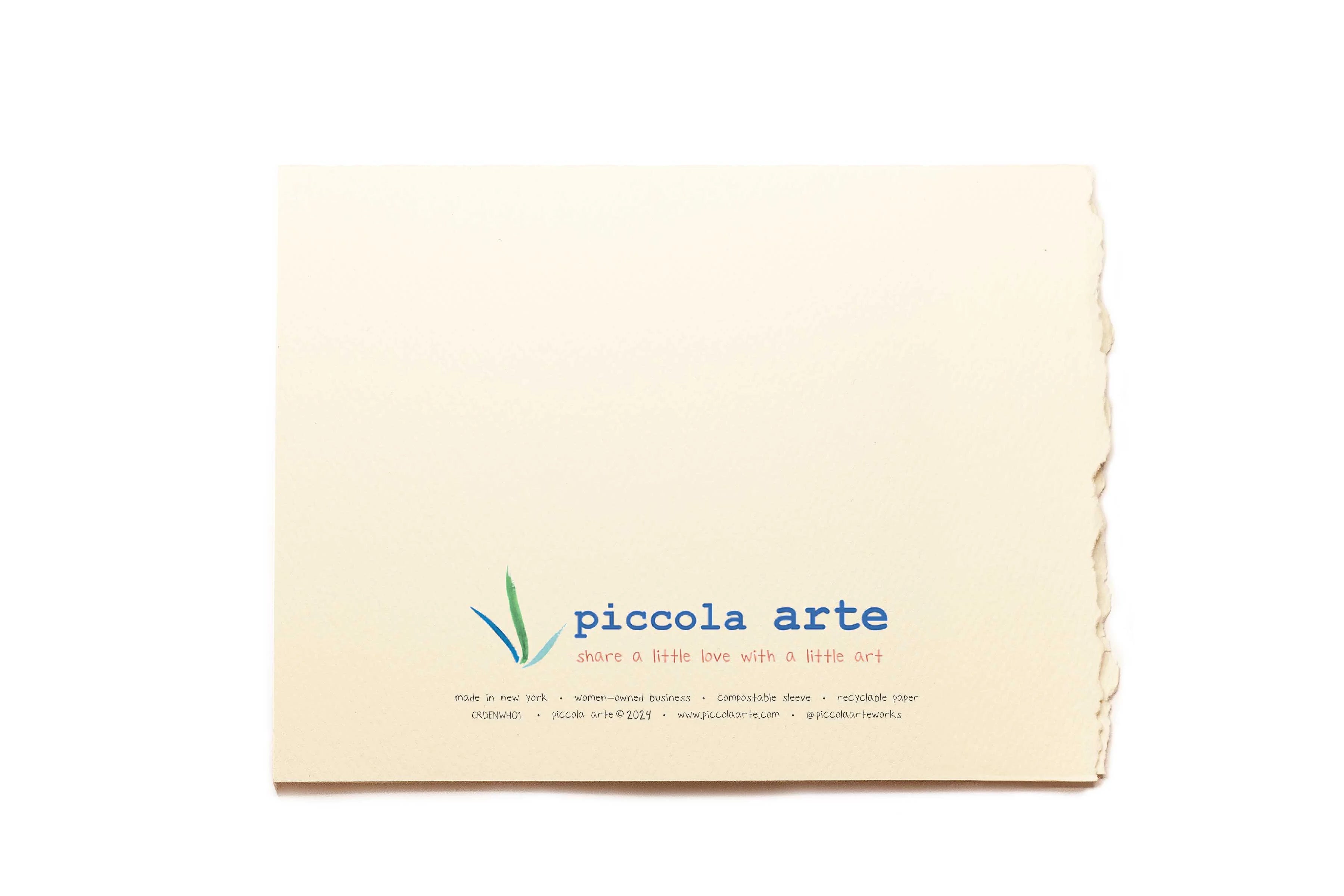 The back of a greeting card from piccola's arte.