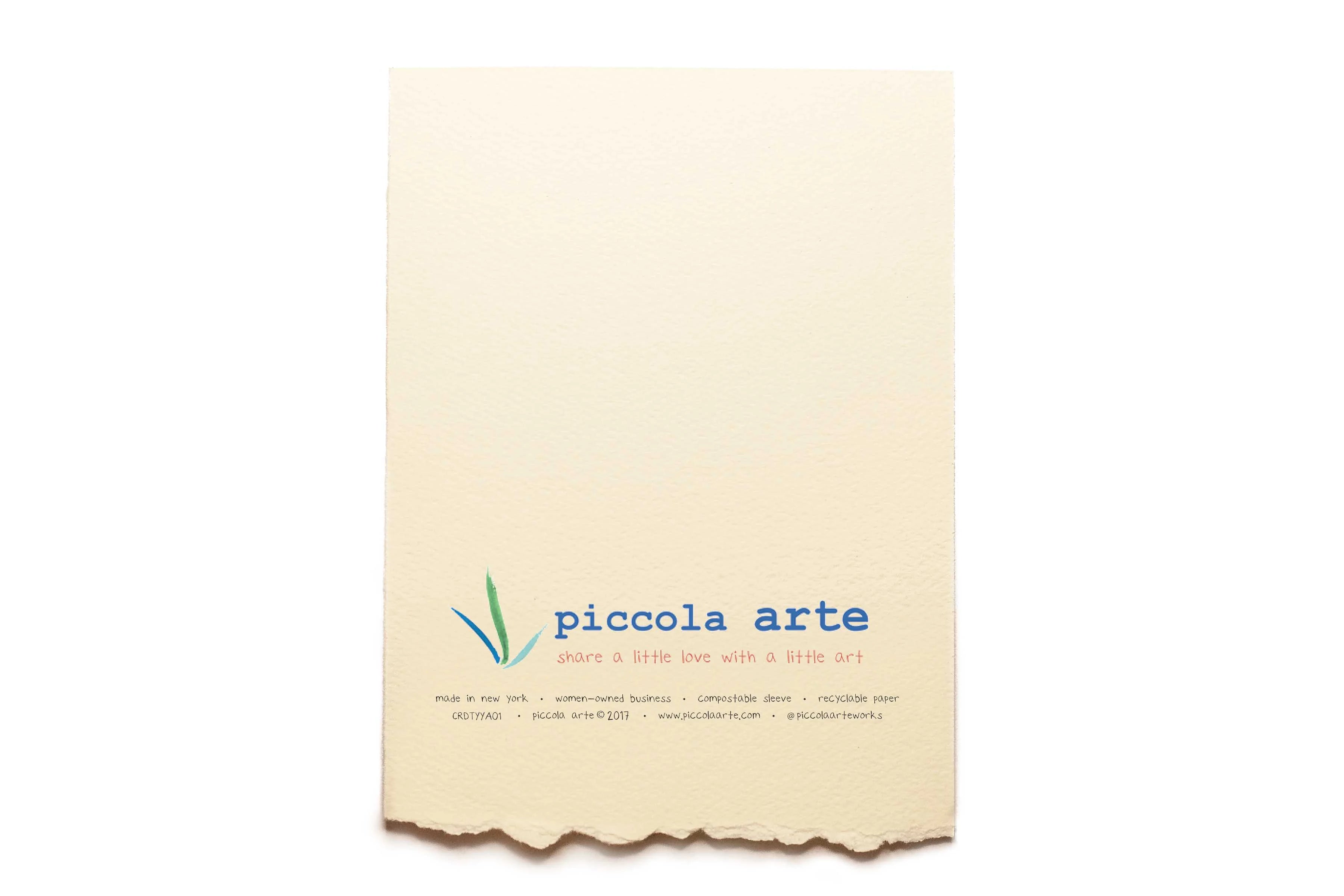 The back of a greeting card from piccola's arte.
