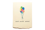 Card with colorful balloons and 'get well soon!' text on a beige background