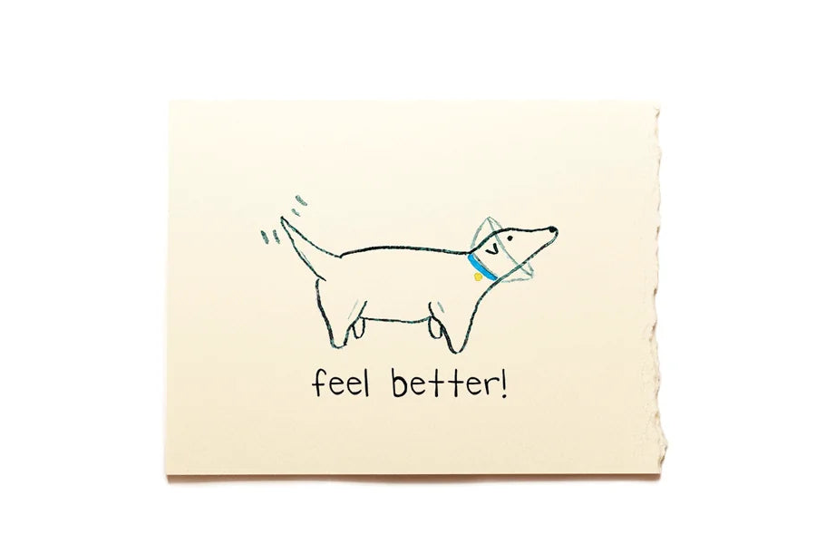 Note card with a dog illustration and 'feel better!' text on a beige background