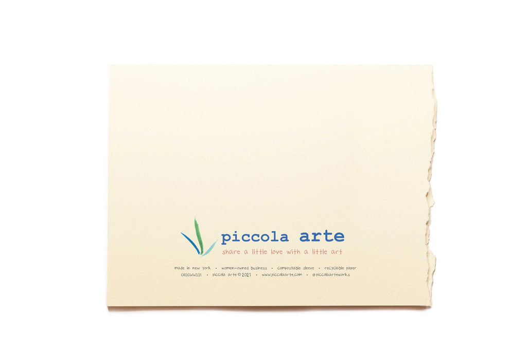 The back of a greeting card from piccola's arte.