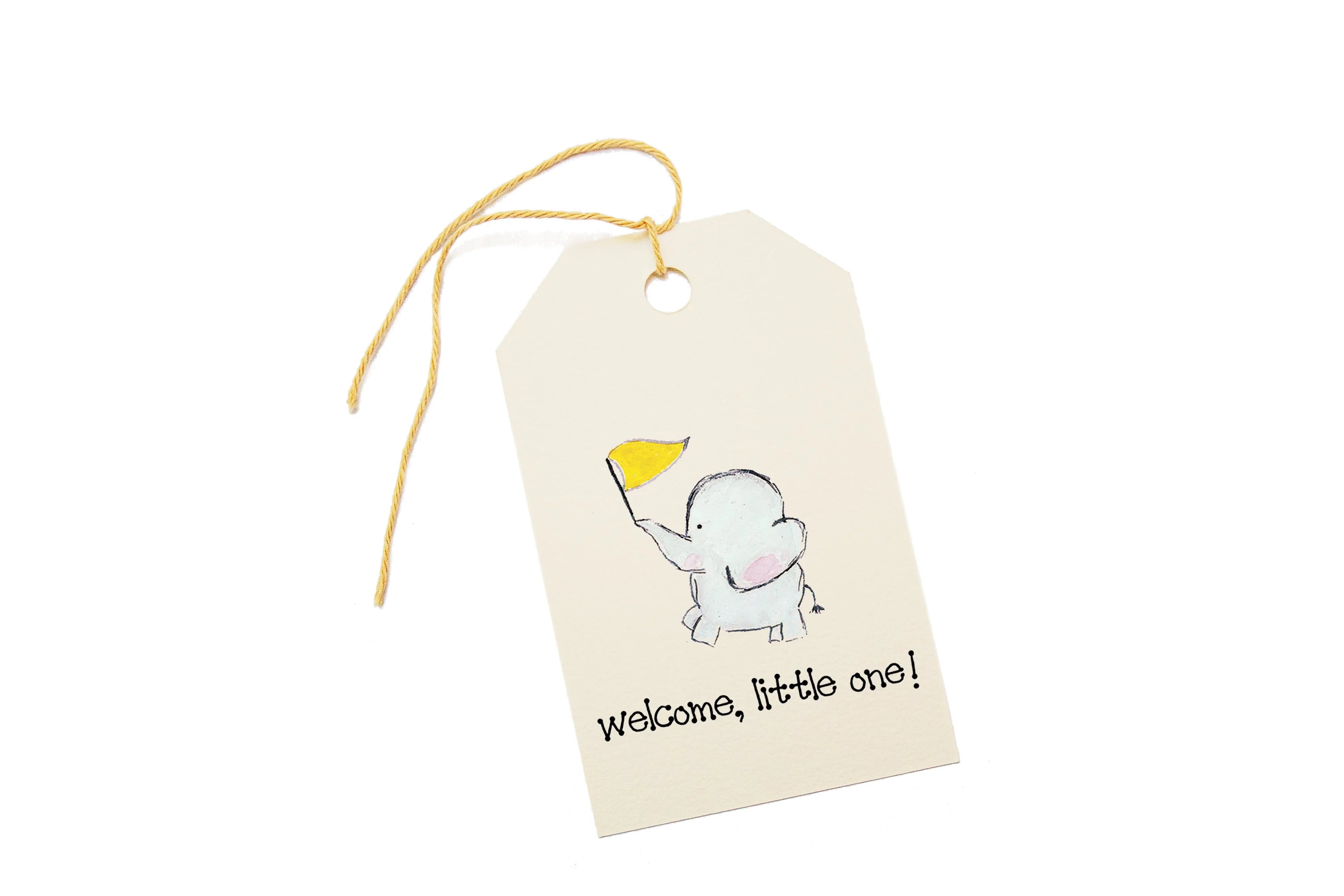 Gift tag with a baby elephant holding a yellow flag and 'Welcome, little one!' text on a white background.