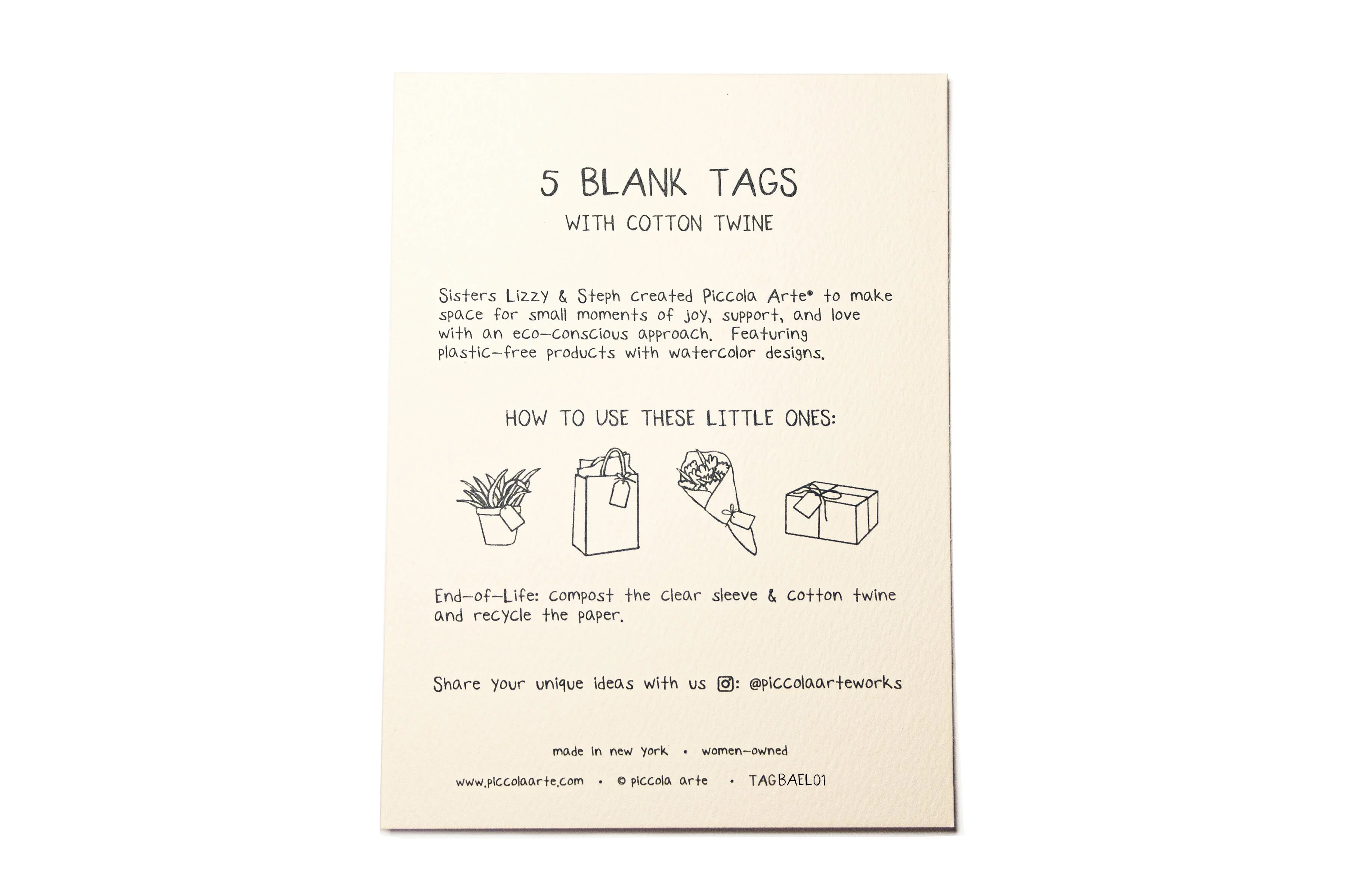 Card with instructions on using five blank tags with cotton twine on a white background.