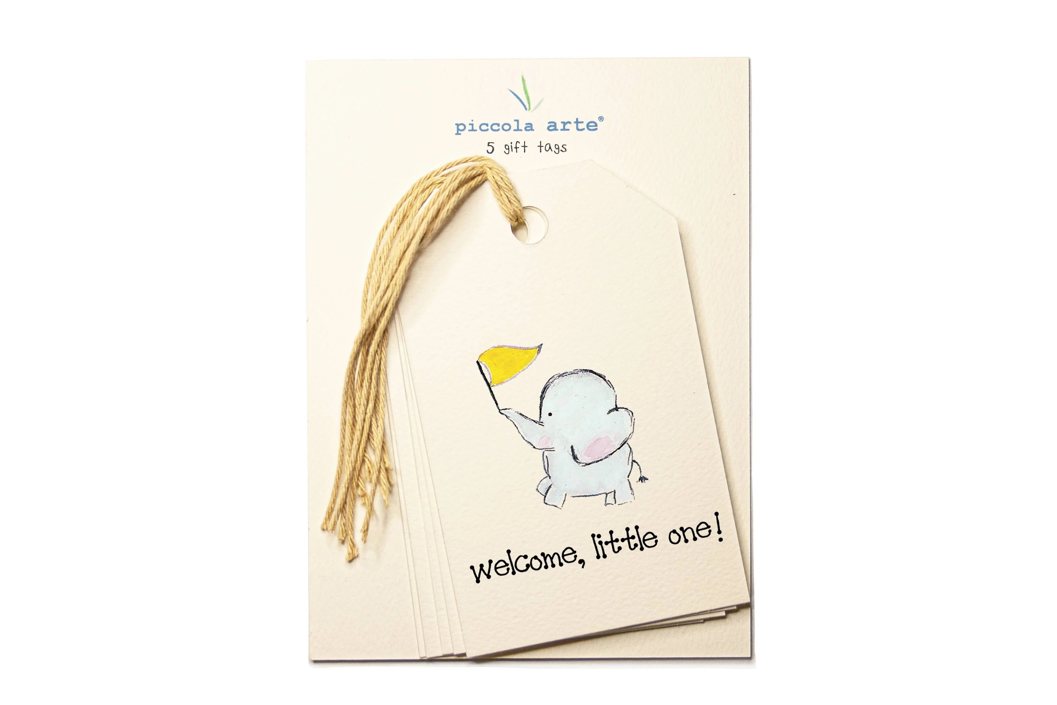 Pack of tags with a cartoon elephant holding a yellow flag and text 'Welcome, little one!' on a white background.