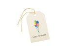Gift tag with balloons and 'happy birthday!' text on a white background.