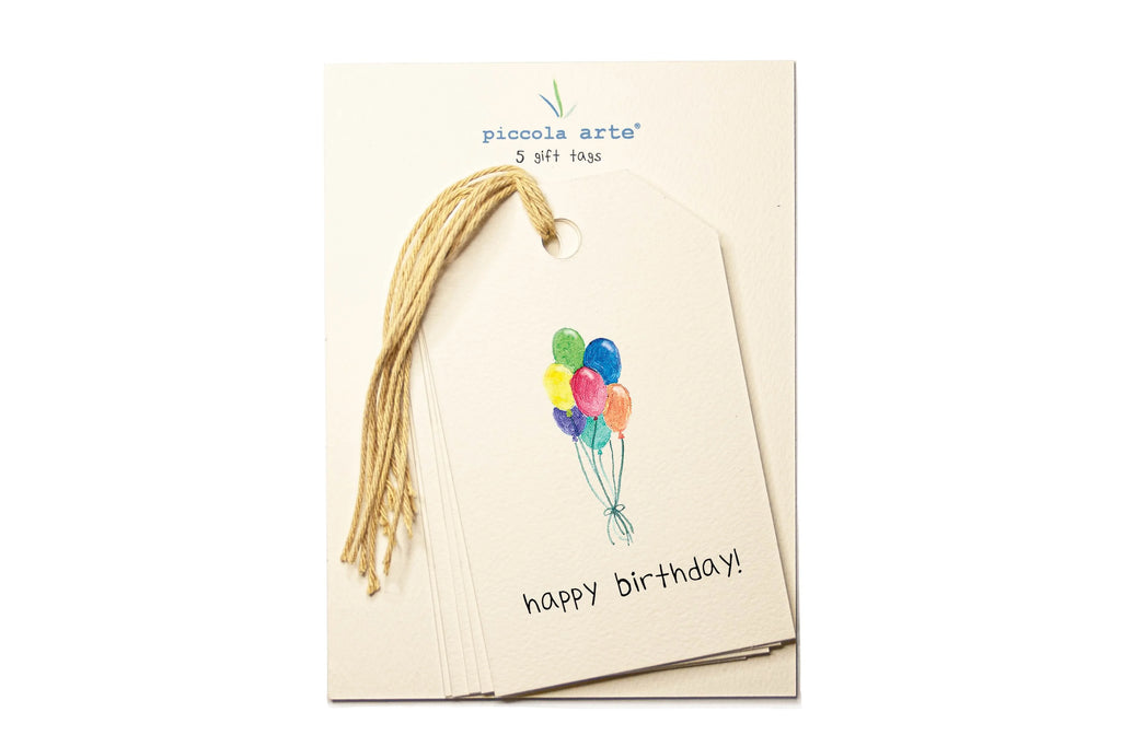 Packaging of Piccolo Arte gift tags with balloons illustration on a beige card.