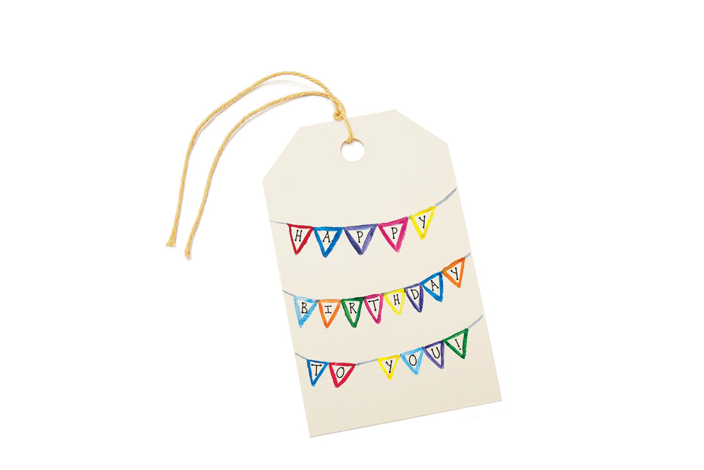 Gift tag with colorful 'Happy Birthday' banner on a white background.