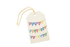 Gift tag with colorful 'Happy Birthday' banner on a white background.