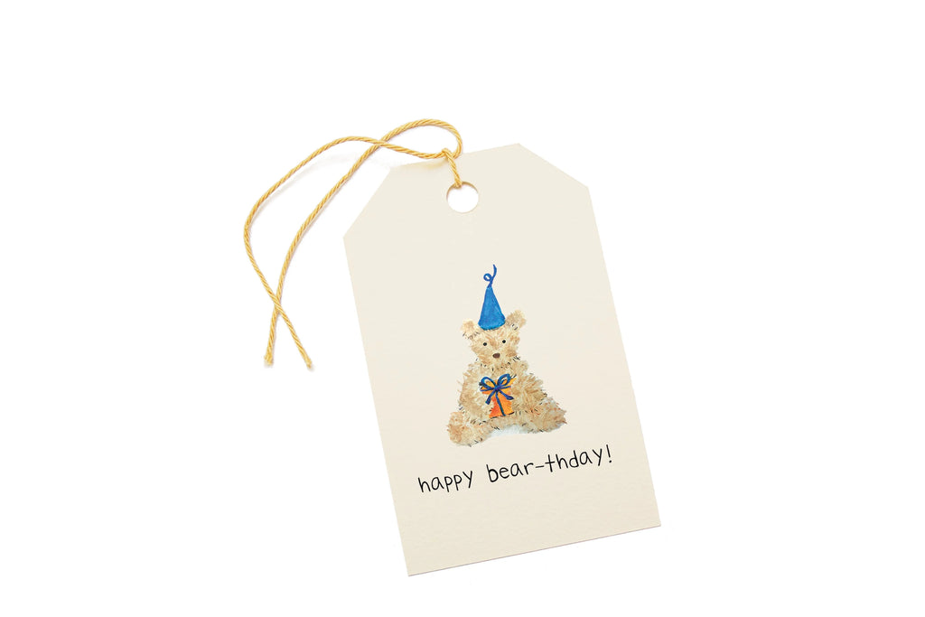 Gift tag with a bear illustration and 'happy bear-thday!' text on a white background.