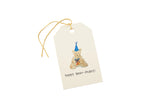 Gift tag with a bear illustration and 'happy bear-thday!' text on a white background.