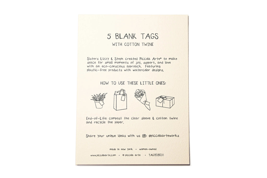 Card with instructions on using five blank tags with cotton twine on a white background.