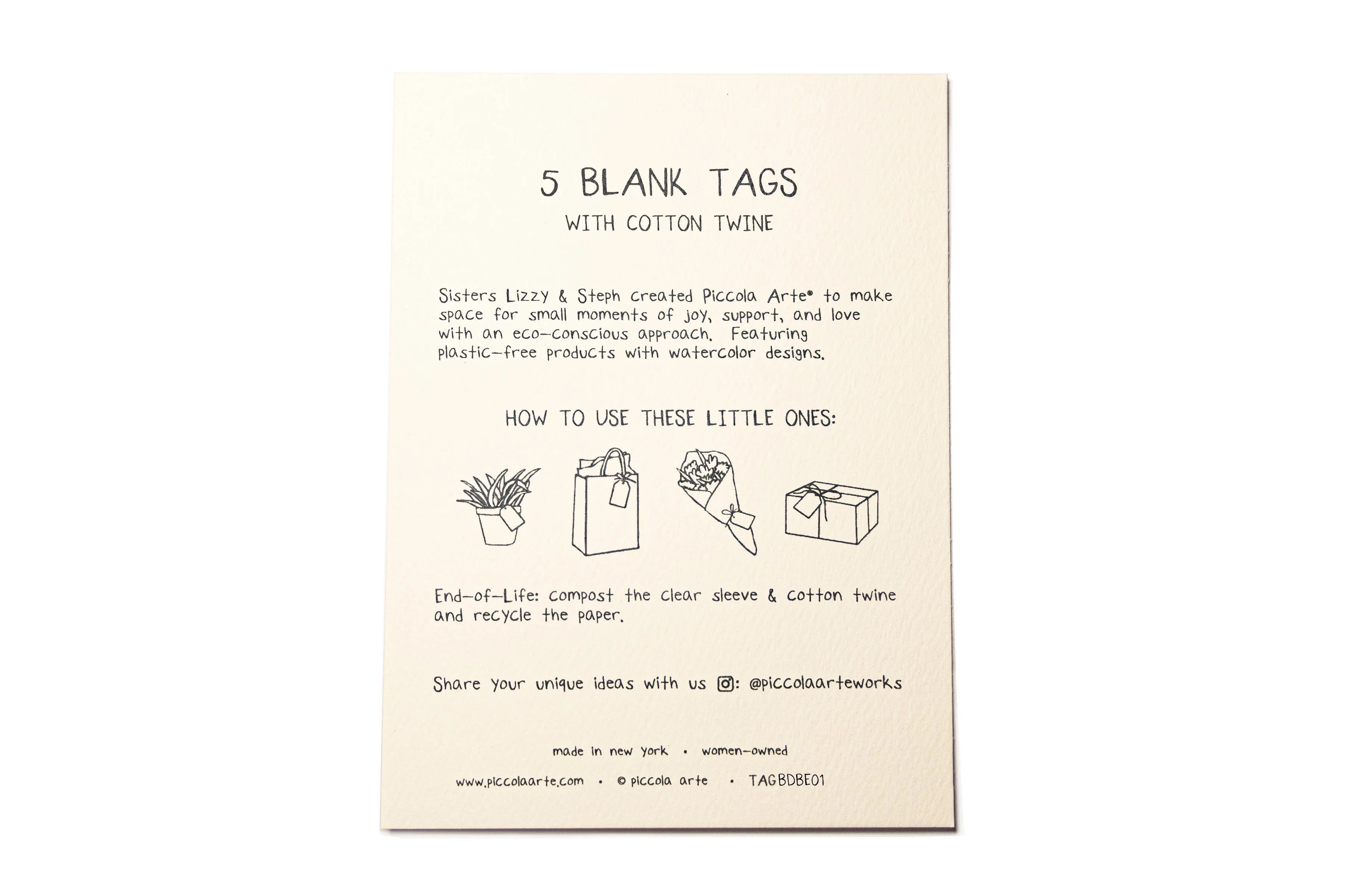 Card with instructions on using five blank tags with cotton twine on a white background.