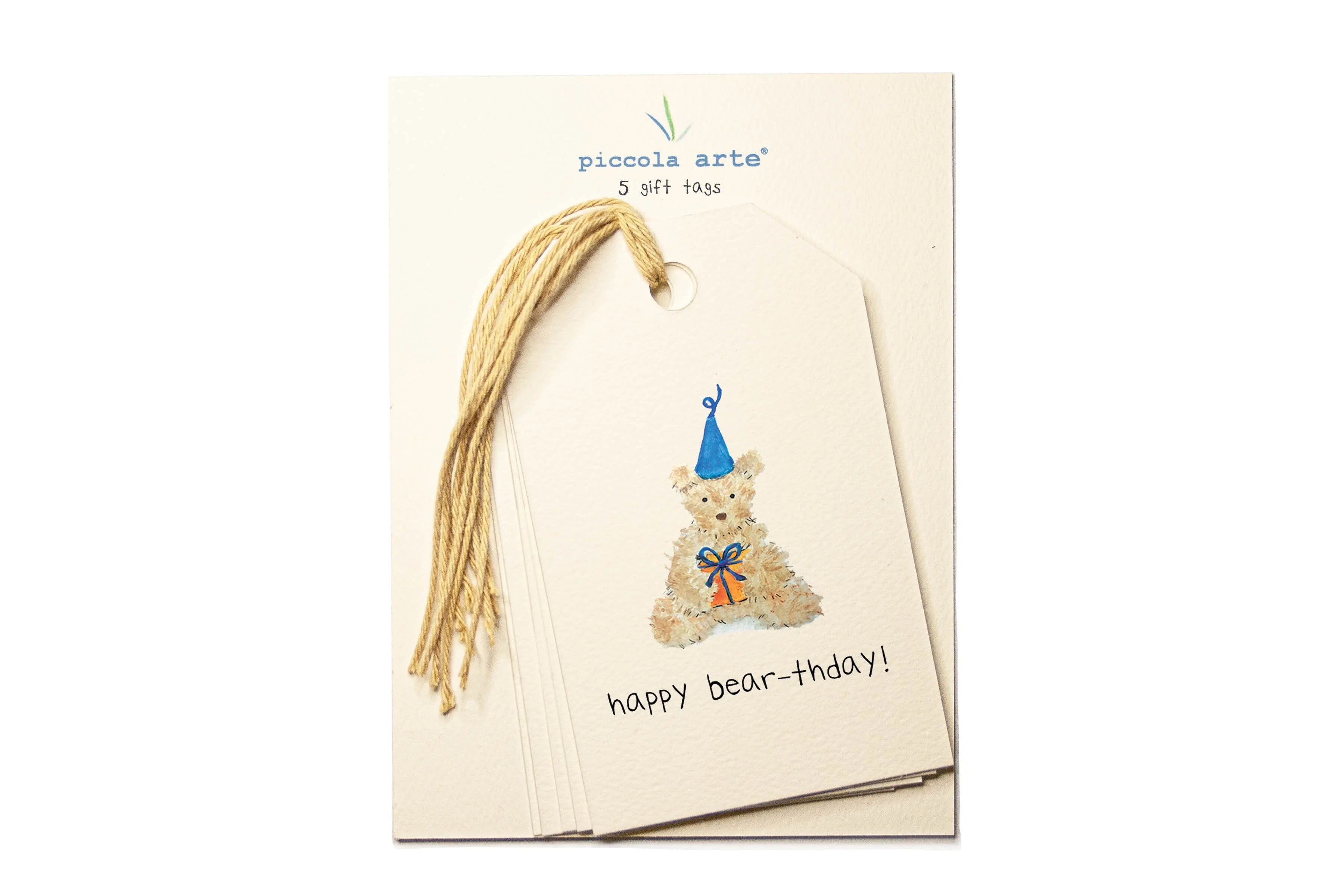 Packaging of Piccola Arte gift tags with a bear illustration and text on a beige background