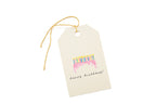 Pack of tags with birthday cake illustration and 'Happy Birthday!' text on a white background