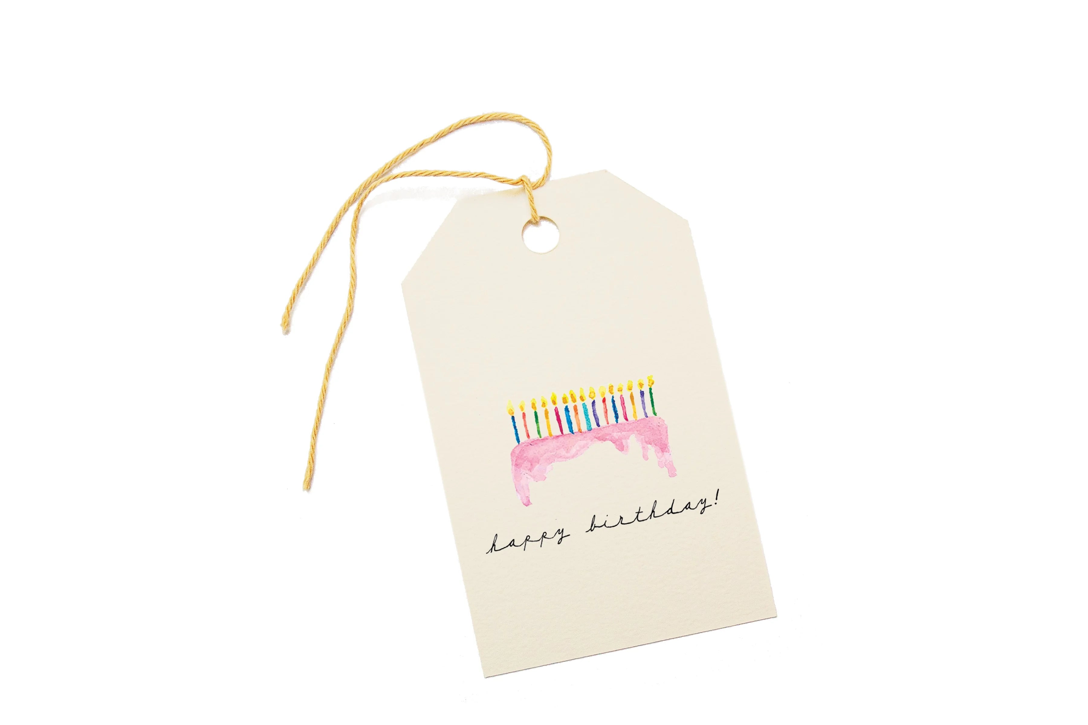 Pack of tags with birthday cake illustration and 'Happy Birthday!' text on a white background