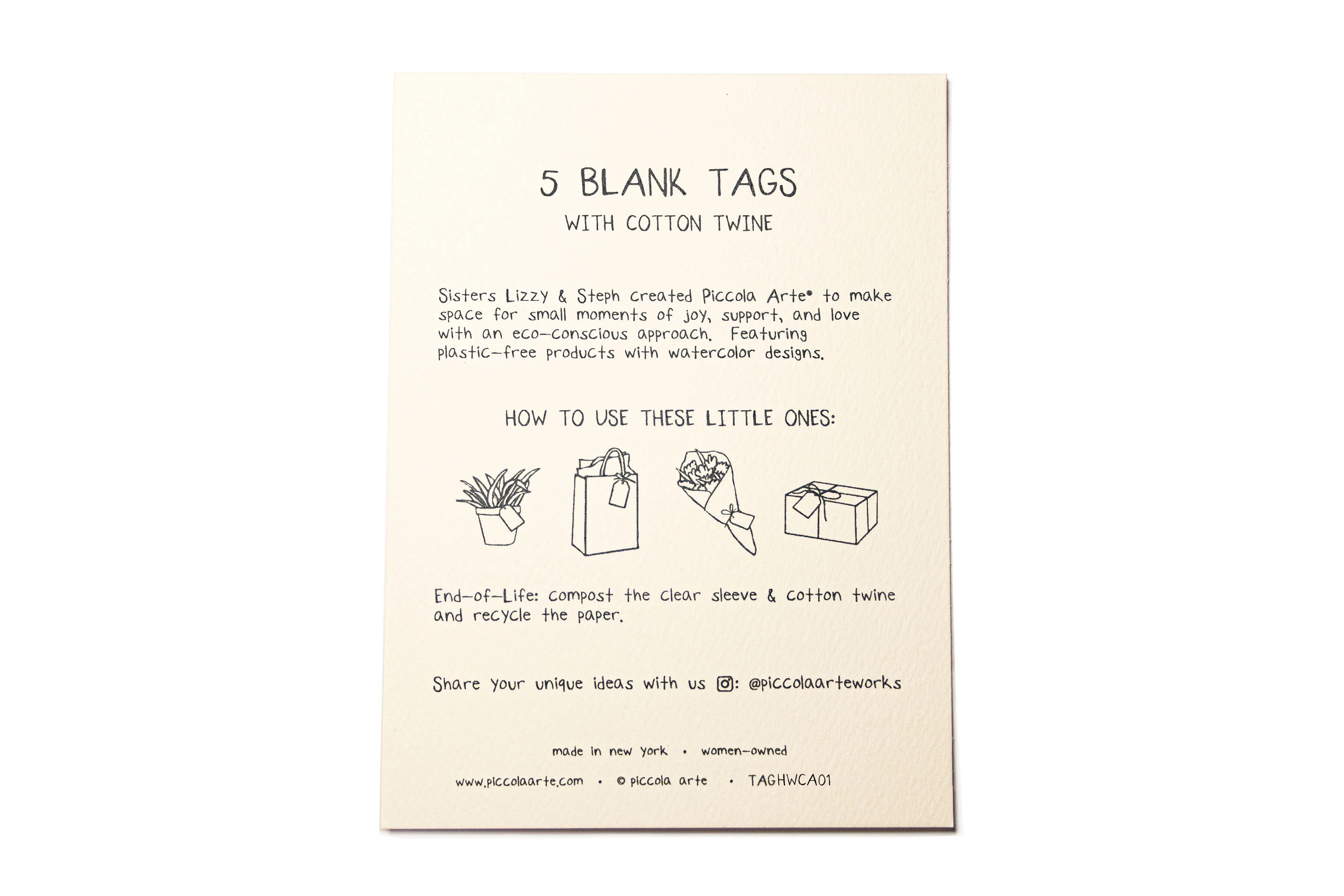Card with instructions on using five blank tags with cotton twine on a white background.