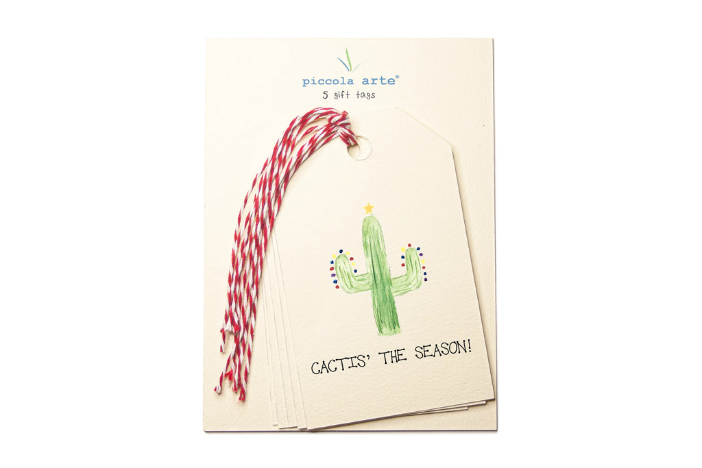 Pack os tags with a cactus and candy cane design, featuring Piccolo Arte branding.