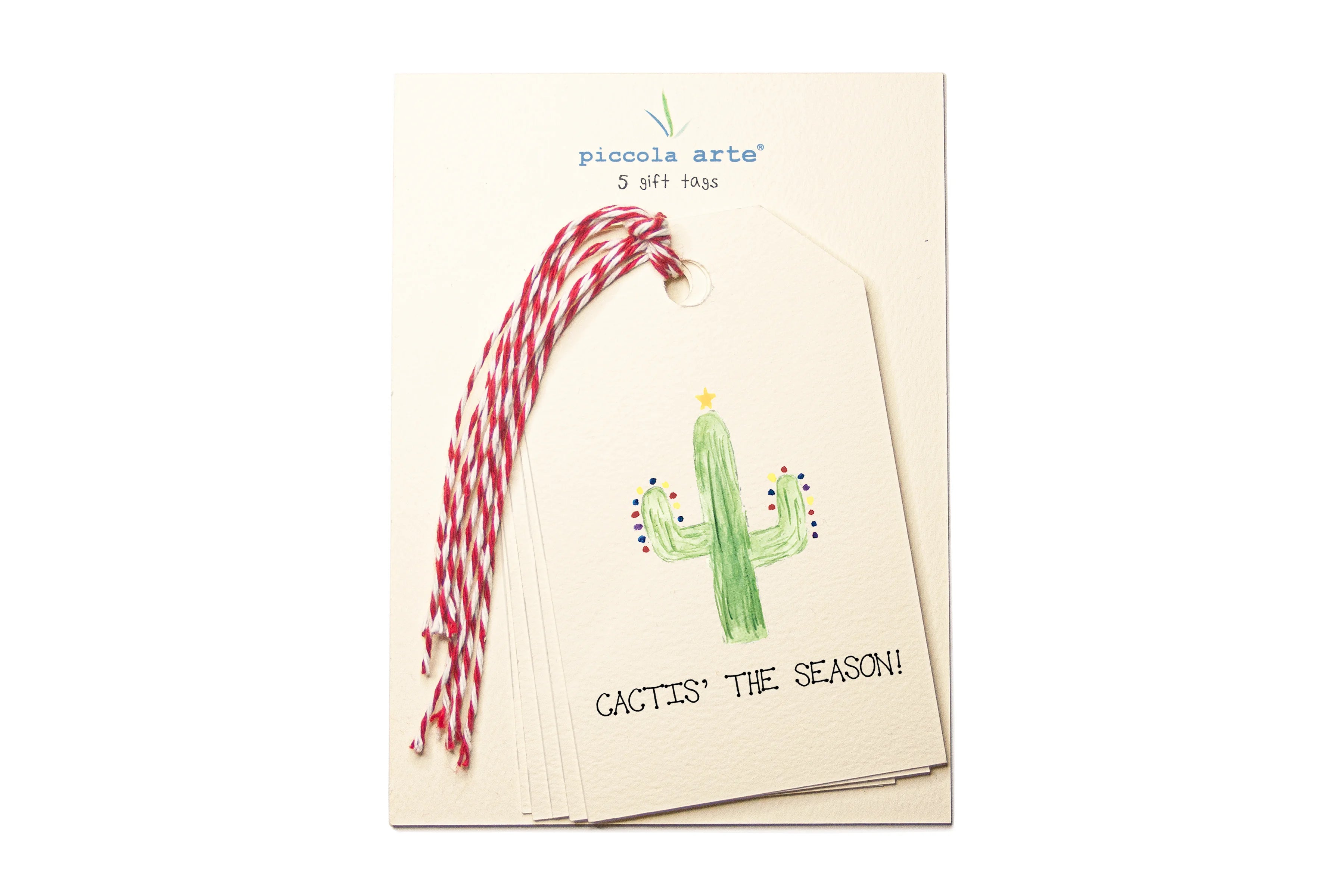 Pack os tags with a cactus and candy cane design, featuring Piccolo Arte branding.