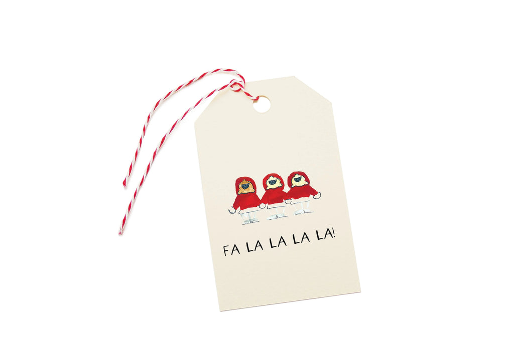 Gift tag with Christmas design and text 'FA LA LA LA LA!' on a white background.