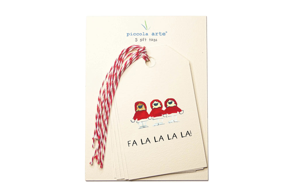 Pack of tags with red birds and festive text on a beige background