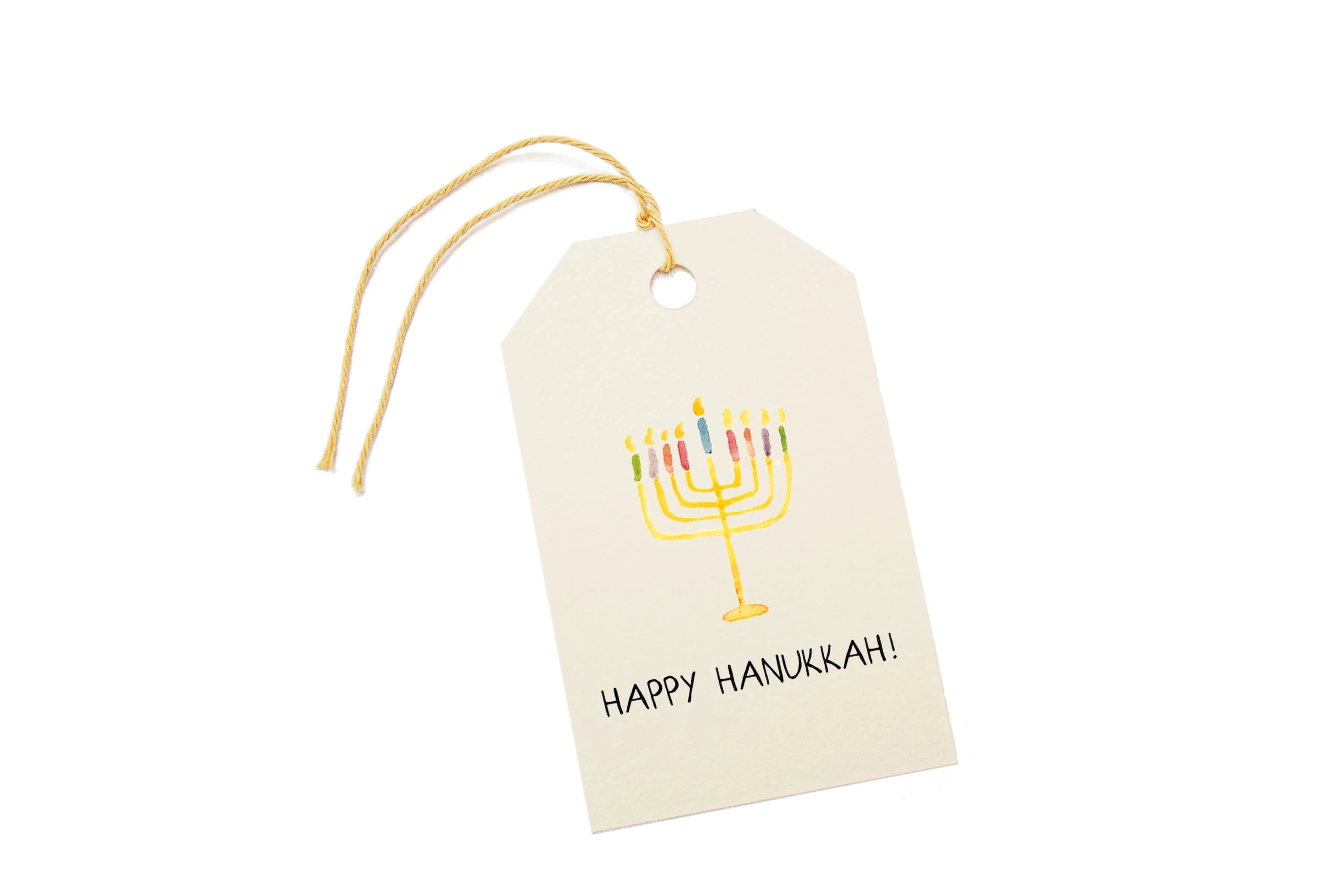Gift tag with Menorah design and 'Happy Hanukkah!' text on a white background.