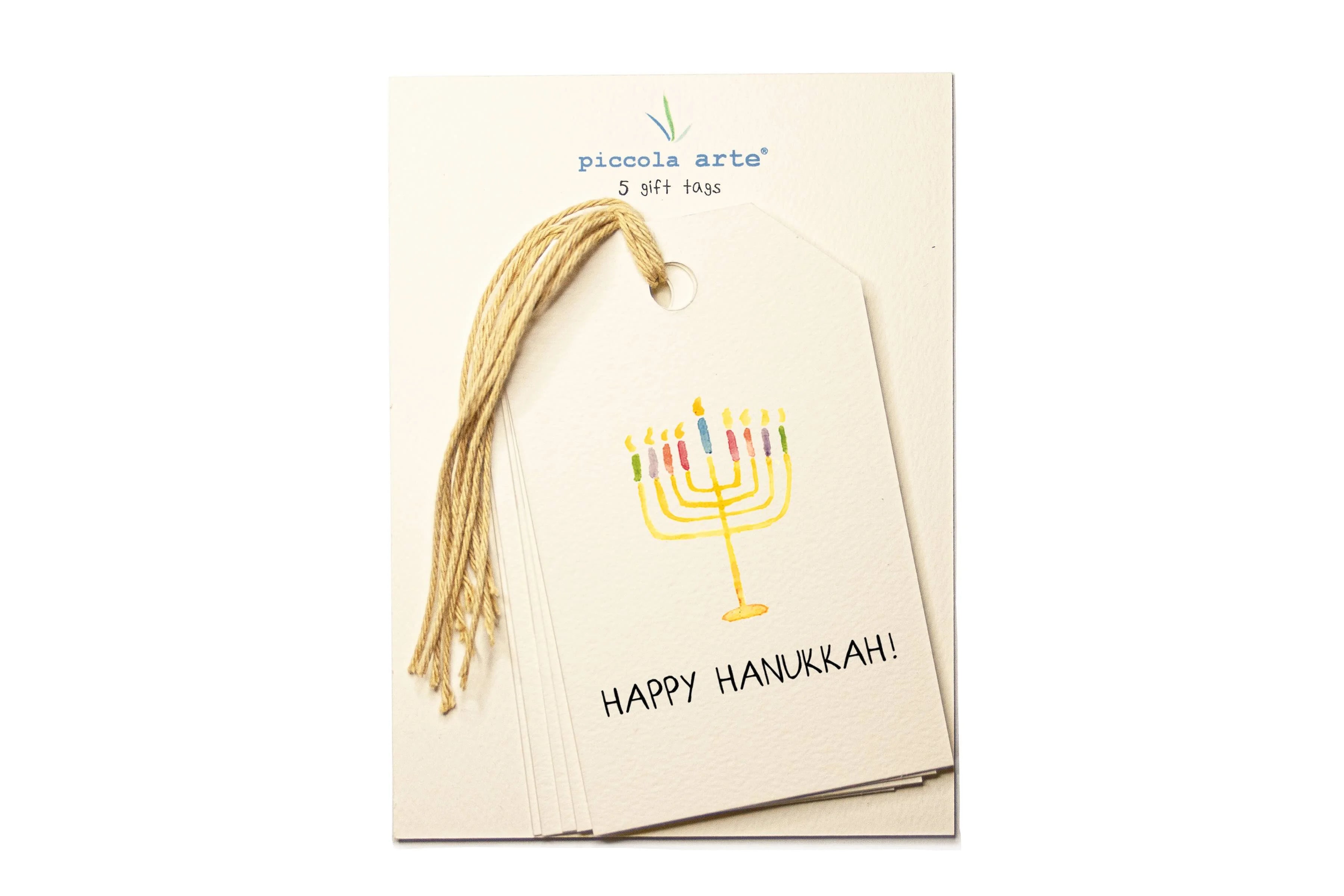 Pack of gift tags with Menorah design and 'Happy Hanukkah!' text on a white background