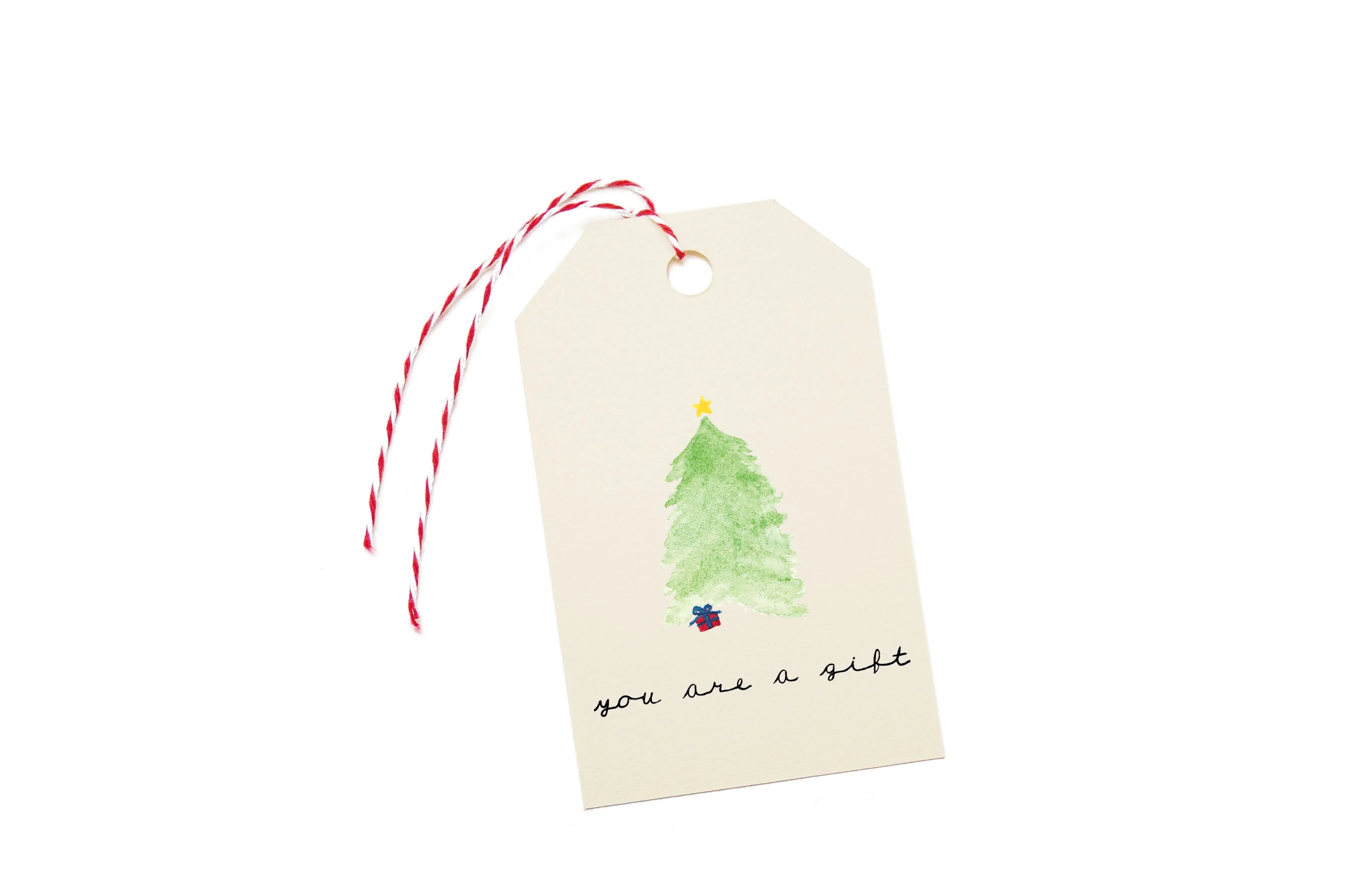 Gift tag with a watercolor tree and text 'you are a gift' on a white background.