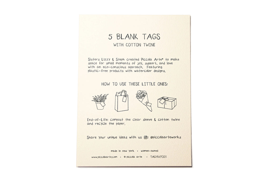 Card with instructions on using five blank tags with cotton twine on a white background